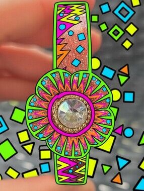 🌸 Betsey Johnson Pink Flower Glitter Hinged Bangle Bracelet EUC Sparkle Y2K